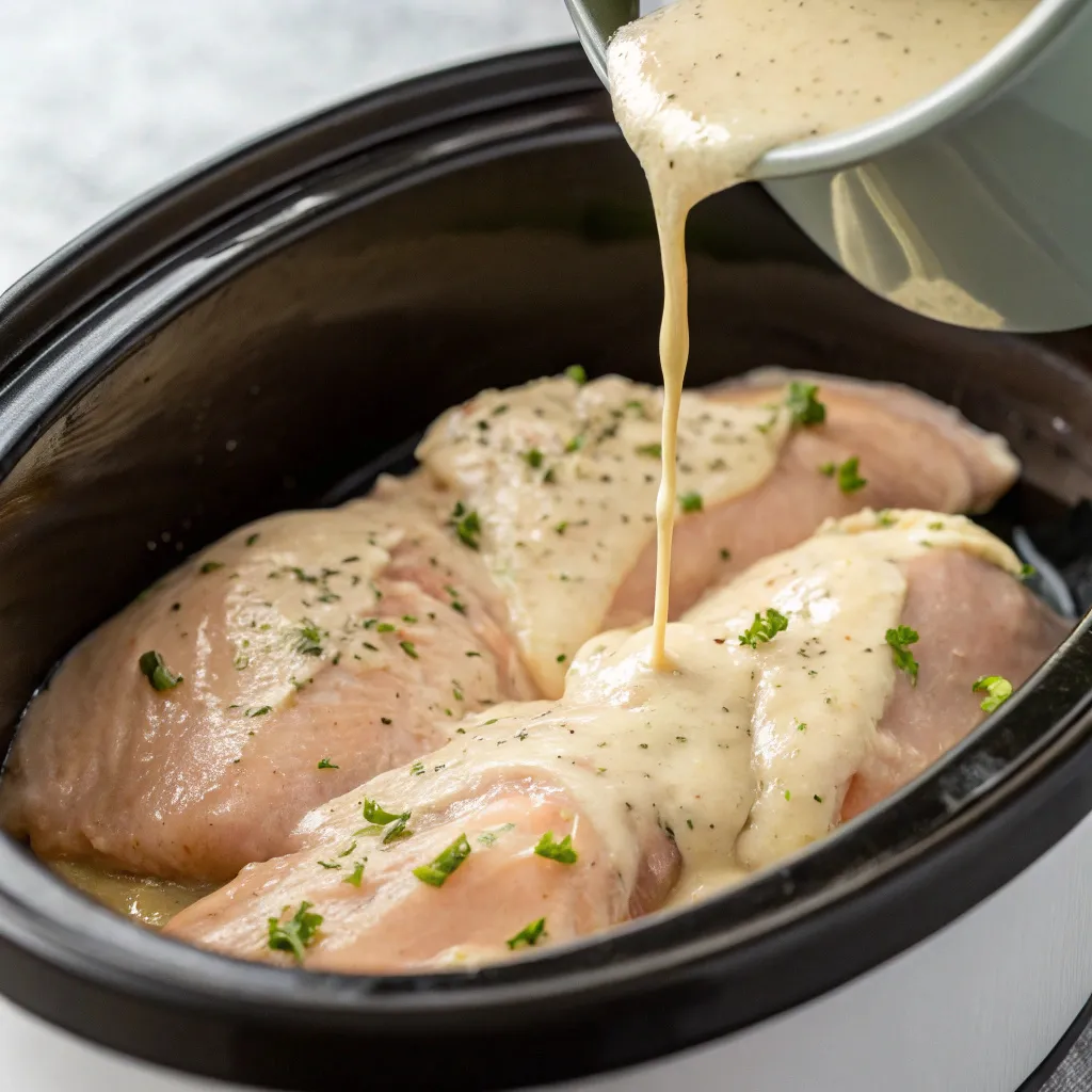 Instructions for Slow Cooker Chicken Caesar Wraps : Add Caesar Dressing